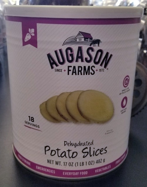 Augason Farms® Dehydrated Potato Slices are a great addition to virtually any meal. Fry them up and they’re fantastic with an omelet, use in your favorite cheesy potato casserole, or steam them for the perfect side dish. Certified gluten-free. • No washing, peeling, slicing, or dicing