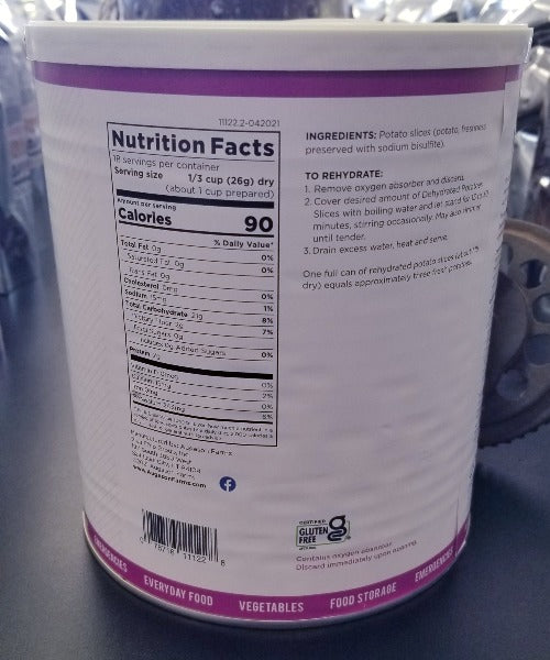 Augason Farms® Dehydrated Potato Slices are a great addition to virtually any meal. Fry them up and they’re fantastic with an omelet, use in your favorite cheesy potato casserole, or steam them for the perfect side dish. Certified gluten-free. • No washing, peeling, slicing, or dicing