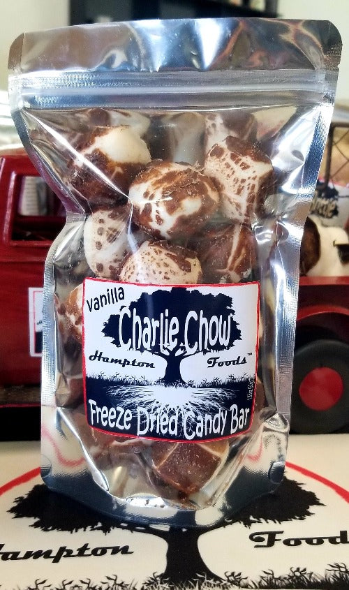 Freeze-Dried Magic with Charlie Chow! Hampton Foods proudly presents a groundbreaking treat that will redefine your snacking experience – introducing Charlie Chow! We've taken the delectable combination of vanilla nougat and chocolate candy bar, infused it with innovation, and brought you a freeze-dried masterpiece.