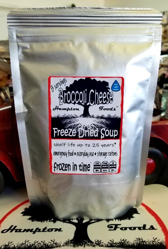 Hampton Foods' Freeze-Dried Broccoli Cheese Soup! Are you ready to elevate your dining experience with a delightful blend of wholesome goodness? Packed with flavor and convenience, this soup is not just a meal; it's a culinary adventure. Rich Flavor, Wholesome Ingredients.