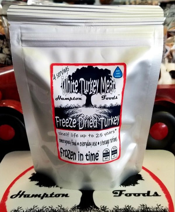 Introducing Hampton Foods' Premium Freeze-Dried White Turkey Meat! Are you ready to elevate your dining experience, whether you're on-the-go or at home? Look no further than Hampton Foods' Freeze-Dried White Turkey Meat – the perfect solution for emergency rations, everyday use, hiking, camping, and hunting adventures!