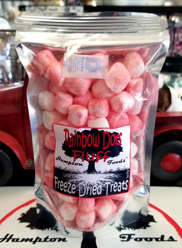 Rainbow Dots Fluff! Indulge in the perfect blend of crunchy goodness and melt-in-your-mouth texture with freeze-dried marshmallows and Rainbow Dots flavor. Crafted with a vanilla base flavor, each marshmallow is infused with a combination of tangy and sweet fruit flavors, reminiscent of the beloved Rainbow Dots.