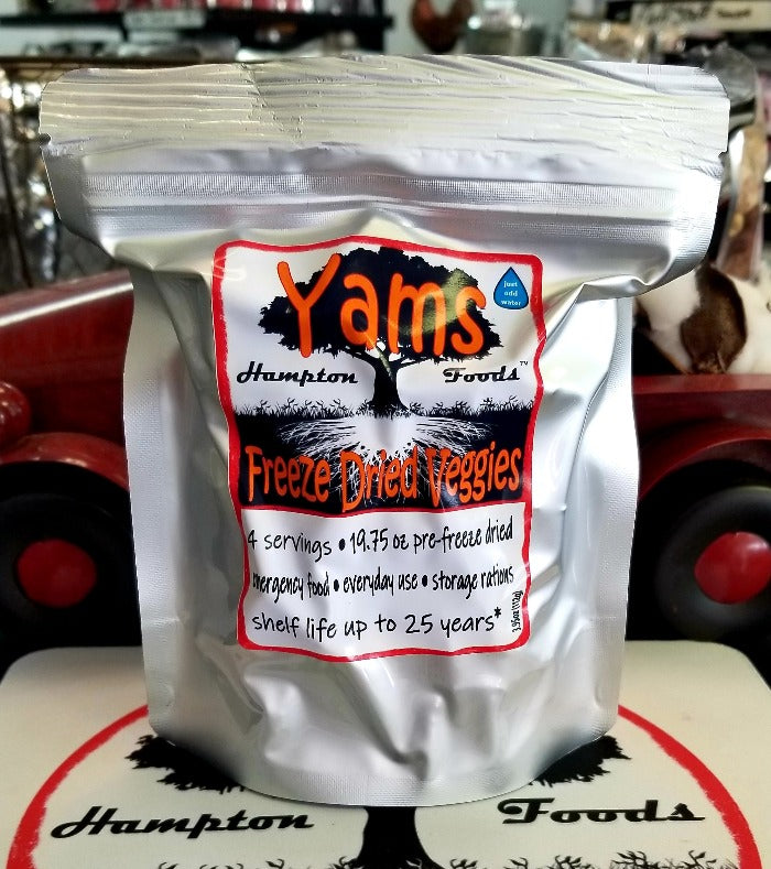 Freeze-Dried Yams: Your Perfect Pantry Staple for Every Occasion! Hampton Foods' Freeze-Dried Yams are packed with flavor and essential nutrients, our yams are carefully freeze-dried and sealed in a resealable mylar bag, ensuring freshness and longevity for all your culinary needs.