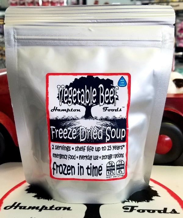Hampton Foods Freeze Dried Vegetable Beef Soup! Our Vegetable Beef Soup is packed with flavor and nutrients to satisfy your hunger any time, anywhere. Our soup starts with ground beef as the first ingredient, paired with a medley of pasta, long-grain rice, barley, lentils, carrots, peas, potatoes, and spices.