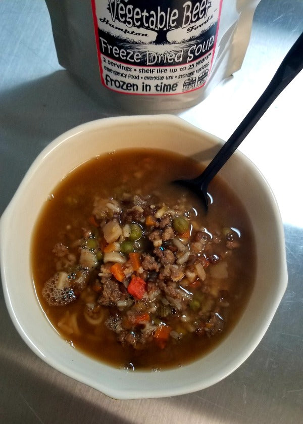 Hampton Foods Freeze Dried Vegetable Beef Soup! Our Vegetable Beef Soup is packed with flavor and nutrients to satisfy your hunger any time, anywhere. Our soup starts with ground beef as the first ingredient, paired with a medley of pasta, long-grain rice, barley, lentils, carrots, peas, potatoes, and spices.