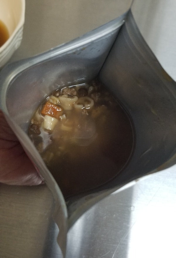 Hampton Foods Freeze Dried Vegetable Beef Soup! Our Vegetable Beef Soup is packed with flavor and nutrients to satisfy your hunger any time, anywhere. Our soup starts with ground beef as the first ingredient, paired with a medley of pasta, long-grain rice, barley, lentils, carrots, peas, potatoes, and spices.