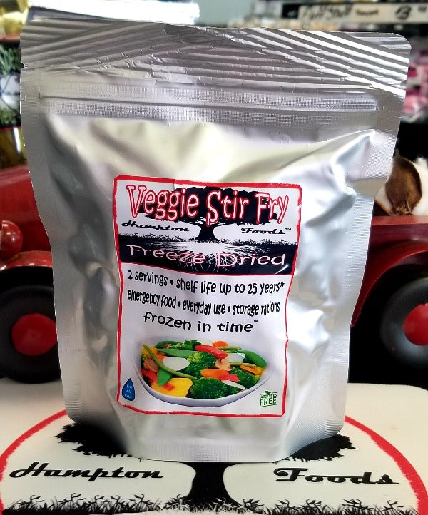 Hampton Foods' Latest Innovation: Veggie Stir Fry! Packed with Flavor, Convenience, and Essential Nutrients. Looking for a delicious and nutritious meal that's easy to prepare anytime, anywhere? Hampton Foods' Veggie Stir Fry is crafted without any preservatives, our newest freeze-dried creation is high in essential vitamins A and C per serving.
