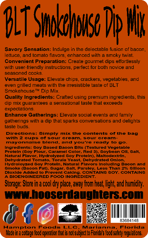 Elevate your culinary adventures with Hooser Daughters™ BLT Smokehouse™ Dip Mix. Infused with smoky bacon, lettuce, and tomato flavors, this gourmet delight adds sophistication to every dish. Perfect for gatherings or indulgent snacking. Buy now and savor the fusion of flavors!