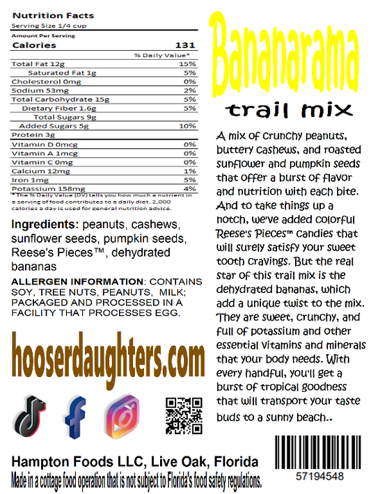 Introducing Hooser Daughters' delicious and nutritious Bananarama Trail Mix! Made with the finest quality ingredients, this trail mix is a perfect blend of flavors and textures that will satisfy your cravings and keep you energized on-the-go.