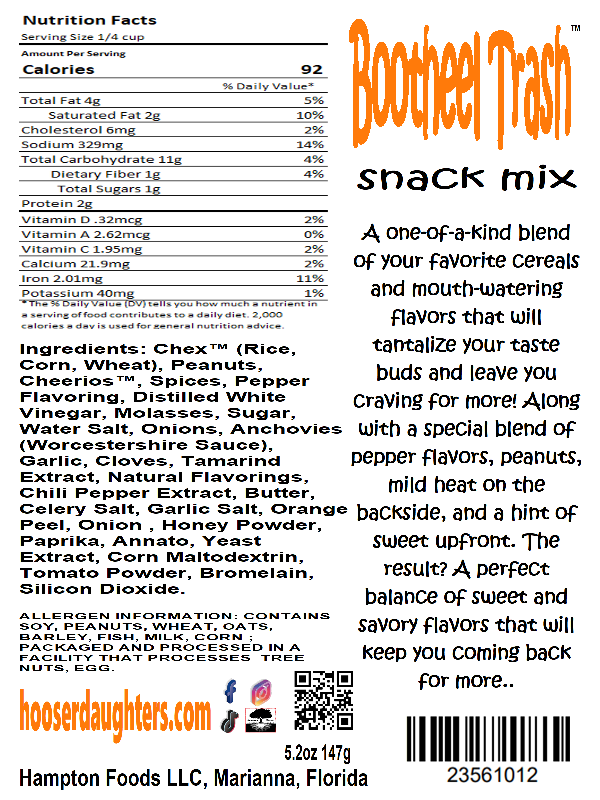 Introducing Hooser Daughters™ Bootheel Trash™ snack mix - a one-of-a-kind blend of your favorite cereals and mouth-watering flavors that will tantalize your taste buds and leave you craving for more!