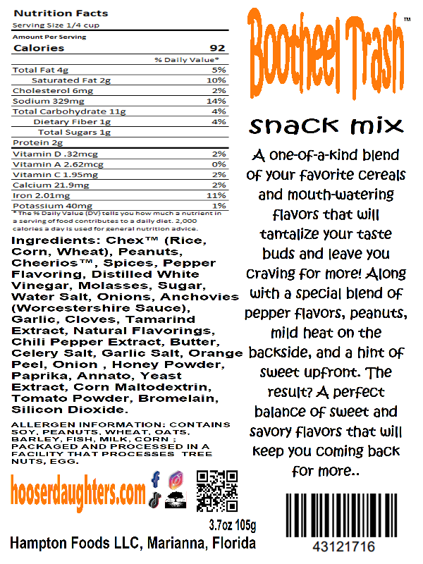 Introducing Hooser Daughters™ Bootheel Trash™ snack mix - a one-of-a-kind blend of your favorite cereals and mouth-watering flavors that will tantalize your taste buds and leave you craving for more!