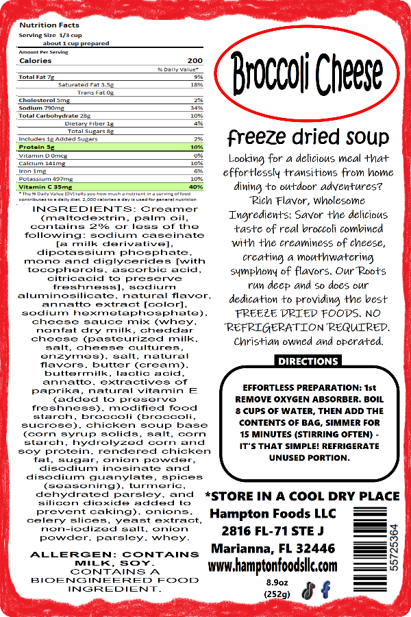 Hampton Foods' Freeze-Dried Broccoli Cheese Soup! Are you ready to elevate your dining experience with a delightful blend of wholesome goodness? Packed with flavor and convenience, this soup is not just a meal; it's a culinary adventure. Rich Flavor, Wholesome Ingredients.