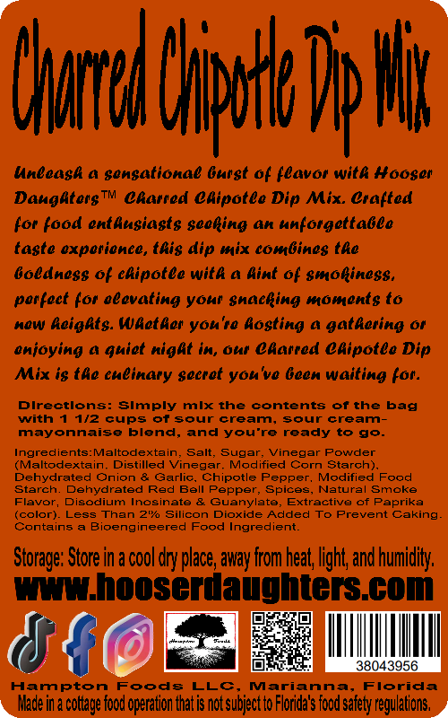Indulge in the bold fusion of smoky chipotle flavor with Hooser Daughters™ Charred Chipotle Dip Mix. Elevate your snacks, appetizers, and meals with this versatile and easy-to-use dip mix. Crafted for food enthusiasts and home cooks, our dip mix is the perfect blend of natural ingredients, offering a gourmet experience for any occasion.
