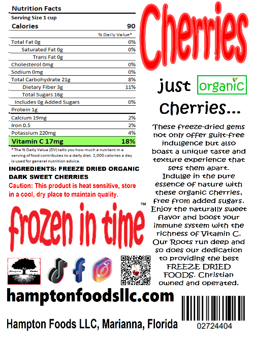 Immerse yourself in the extraordinary taste and texture of Hampton Foods' Organic Freeze-Dried Cherries! Savor the exceptional sweetness of our latest creation - Sweet Cherries! These freeze-dried gems not only offer guilt-free indulgence but also boast a unique taste and texture experience that sets them apart.