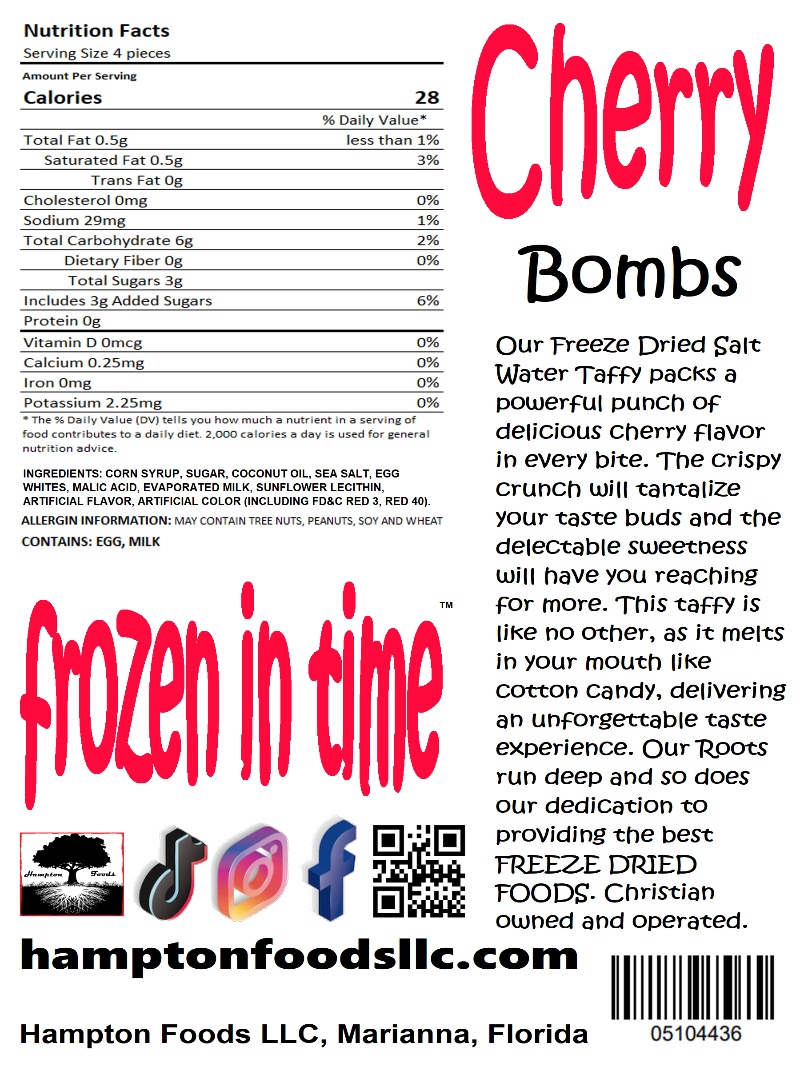 Introducing the ultimate treat for cherry lovers - Cherry Bombs from Hampton Foods! Our Freeze Dried Salt Water Taffy packs a powerful punch of delicious cherry flavor in every bite. The crispy crunch will tantalize your taste buds and the delectable sweetness will have you reaching for more.