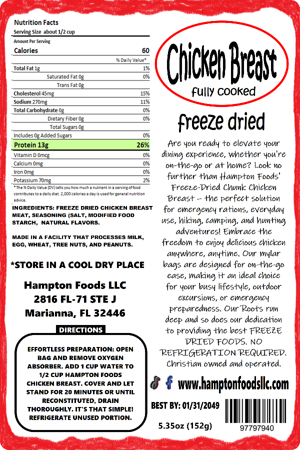 Hampton Foods' Premium Freeze-Dried Chunk Chicken Breast! Are you ready to elevate your dining experience, whether you're on-the-go or at home? Look no further than Hampton Foods' Freeze-Dried Chunk Chicken Breast – the perfect solution for emergency rations, everyday use, hiking, camping, and hunting adventures!