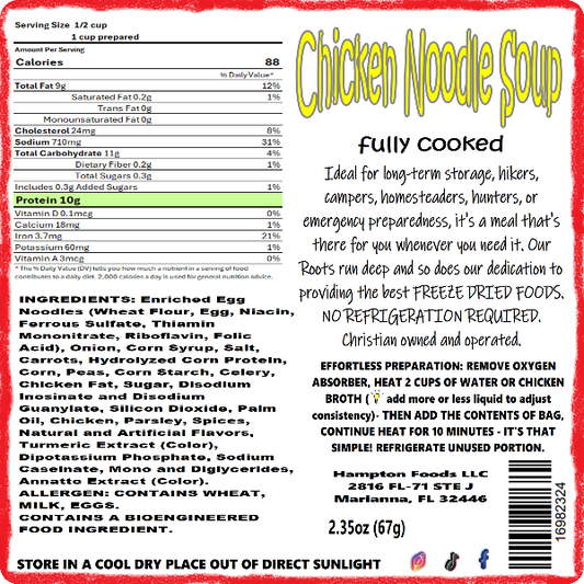 Hampton Foods Freeze Dried Chicken Noodle Soup. Homemade Comfort, Your Way: Experience the heartwarming taste of home with Hampton Foods' Freeze Dried Chicken Noodle Soup. Crafted with love, this culinary delight promises a symphony of flavors that transport you to the cozy comforts of a homemade meal.