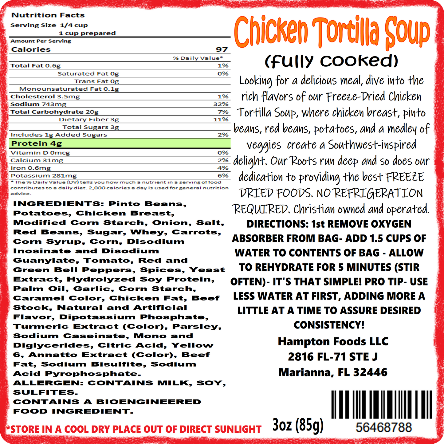 Savor the Outdoors with Hampton Foods' Chicken Tortilla Soup! Dive into the rich flavors of our Freeze-Dried Chicken Tortilla Soup, where real chicken breast, pinto beans, red beans, and a medley of veggies including carrots, corn, red and green bell peppers, onion, and tomato create a Southwest-inspired delight.
