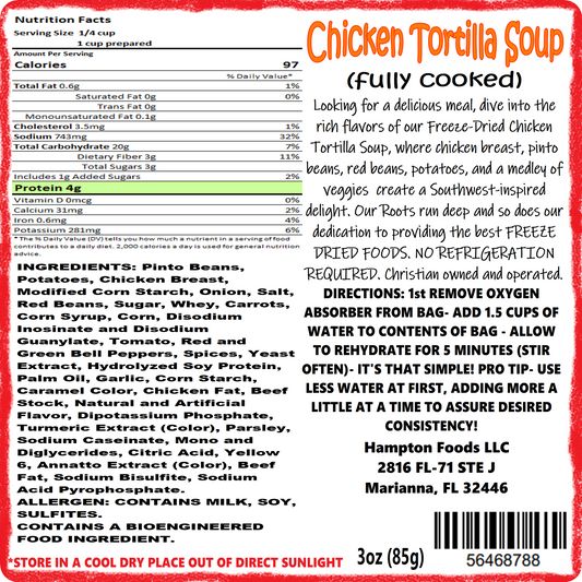 Savor the Outdoors with Hampton Foods' Chicken Tortilla Soup! Dive into the rich flavors of our Freeze-Dried Chicken Tortilla Soup, where real chicken breast, pinto beans, red beans, and a medley of veggies including carrots, corn, red and green bell peppers, onion, and tomato create a Southwest-inspired delight.