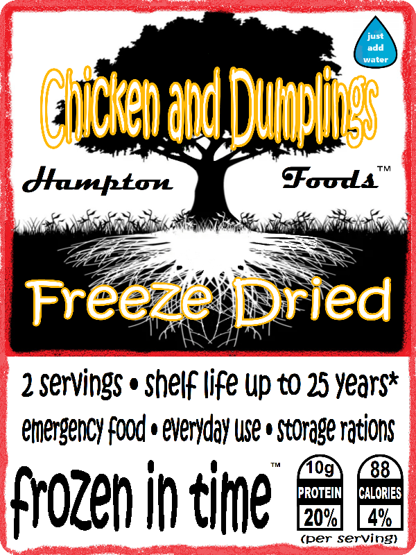 Hampton Foods' Freeze-Dried Chicken and Dumplings! Craving a hearty, home-cooked meal whether you're on-the-go or in the comfort of your own home? The perfect blend of convenience and flavor, wherever your adventures take you. Dive into a warm, savory bowl of Chicken and Dumplings anytime, anywhere.