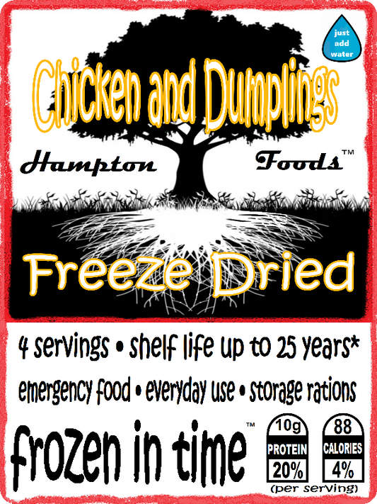 Hampton Foods' Freeze-Dried Chicken and Dumplings! Craving a hearty, home-cooked meal whether you're on-the-go or in the comfort of your own home? The perfect blend of convenience and flavor, wherever your adventures take you. Dive into a warm, savory bowl of Chicken and Dumplings anytime, anywhere. 