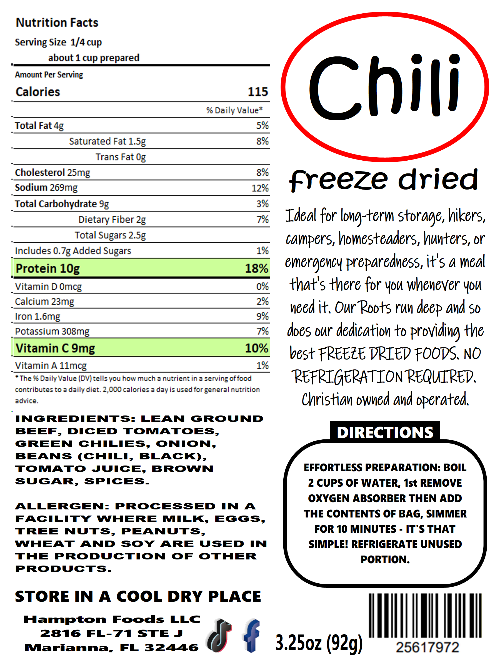 The Ultimate Freeze-Dried Flavor with Hampton Foods' Chili: A Hearty Adventure Companion! Prepared with the innovative freeze-dried technique, our chili promises a delicious and convenient solution for various occasions. The secret to our chili's protein-packed goodness lies in its first ingredient – lean ground beef.
