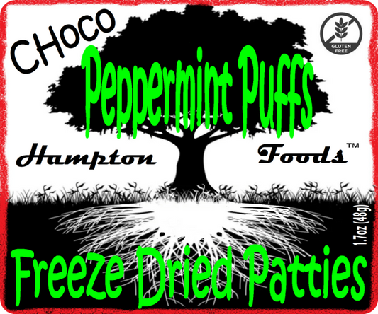 Hampton Foods' Choco Peppermint Puffs! We've taken the beloved peppermint pattie, enriched with dark chocolate and a cool peppermint interior, transforming it into a delightful freeze-dried treat. These delectable patties puff up to perfection, offering a light crunch that promises to elevate your snacking experience.
