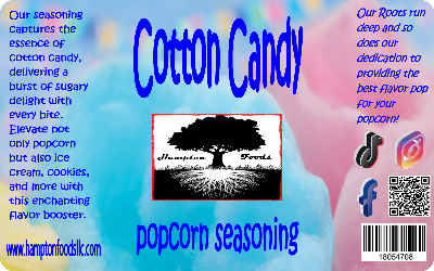 Transform popcorn into a carnival delight with Hampton Foods Cotton Candy Popcorn Seasoning. Sweet, magical, and oh-so-addictive!