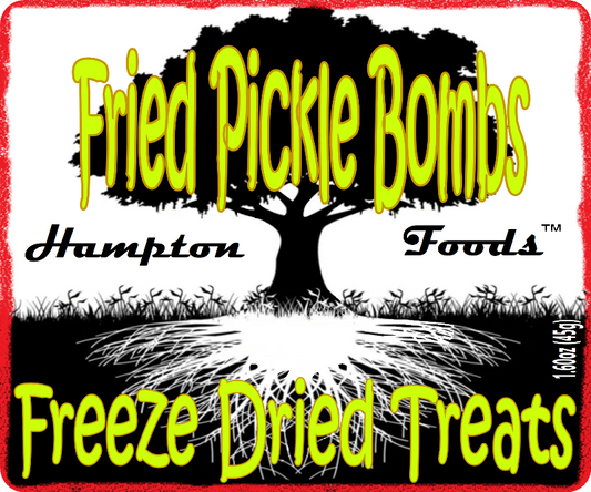 Introducing the irresistible delight of Hampton Foods' creation: Fried Pickle Bombs! Prepare your taste buds for a flavor explosion like never before. These gourmet saltwater taffy treats undergo a unique freeze-drying process, resulting in a tantalizing blend of crispy texture and mouthwatering melt-in-your-mouth goodness.