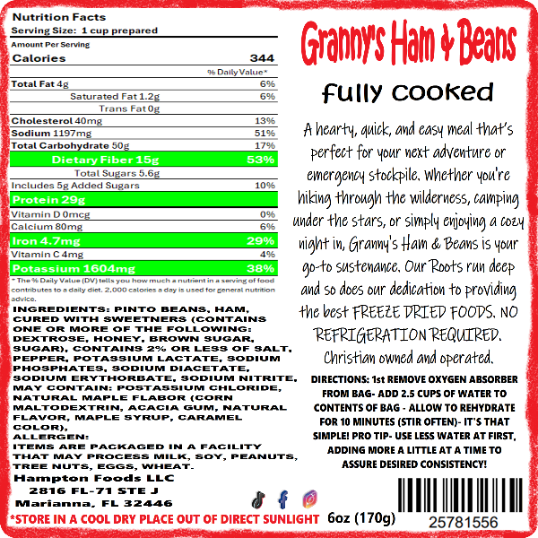 Granny's Ham & Beans by Hampton Foods is a freeze-dried meal perfect for hikers, hunters, campers, and emergency preparedness. Made with pinto beans and sweet-cured ham, it's ready in minutes and has a 25-year shelf life. Convenient resealable bag can double as a bowl.