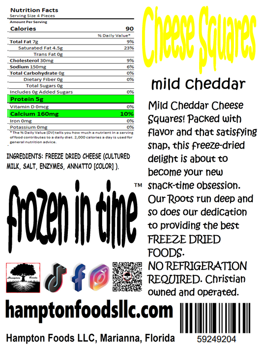 Introducing Hampton Foods' Latest Sensation: Mild Cheddar Cheese Squares! Are you ready to elevate your snacking game to a whole new level? Packed with flavor and that satisfying snap, this freeze-dried delight is about to become your new snack-time obsession.