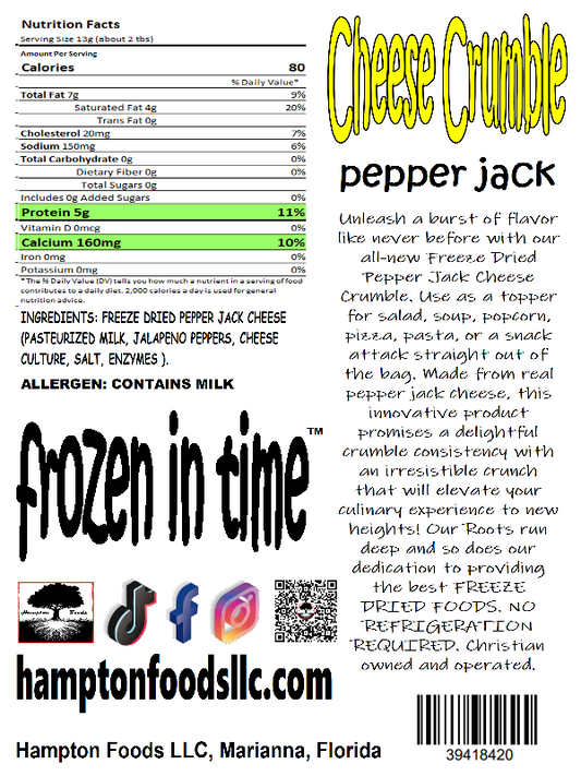 Pepper Jack Cheese Crumble! Unleash a burst of flavor like never before with our all-new Freeze Dried Pepper Jack Cheese Crumble. Made from real pepper jack cheese, this innovative product promises a delightful crumble consistency with an irresistible crunch that will elevate your culinary experience to new heights!