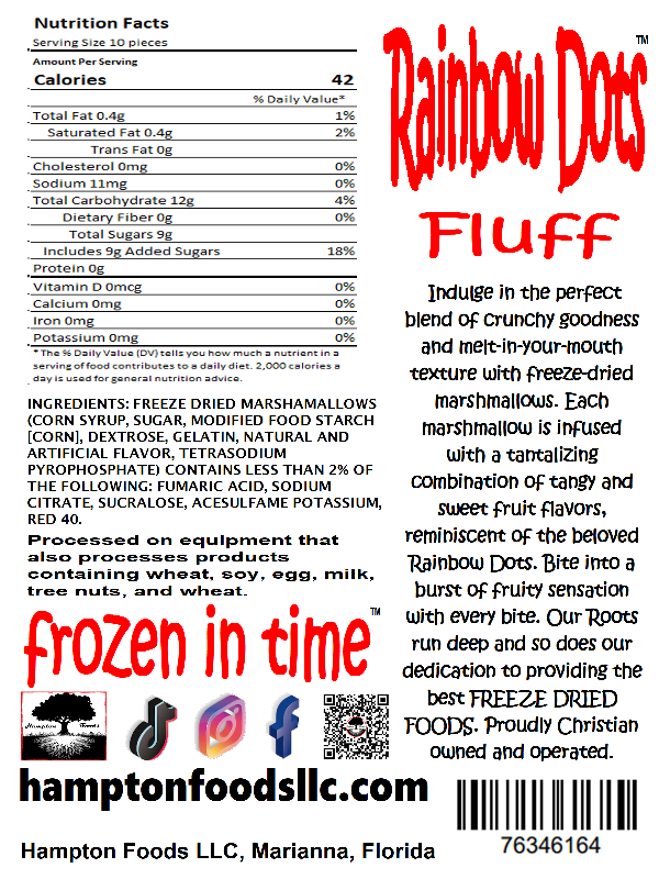 Rainbow Dots Fluff! Indulge in the perfect blend of crunchy goodness and melt-in-your-mouth texture with freeze-dried marshmallows and Rainbow Dots flavor. Crafted with a vanilla base flavor, each marshmallow is infused with a combination of tangy and sweet fruit flavors, reminiscent of the beloved Rainbow Dots.