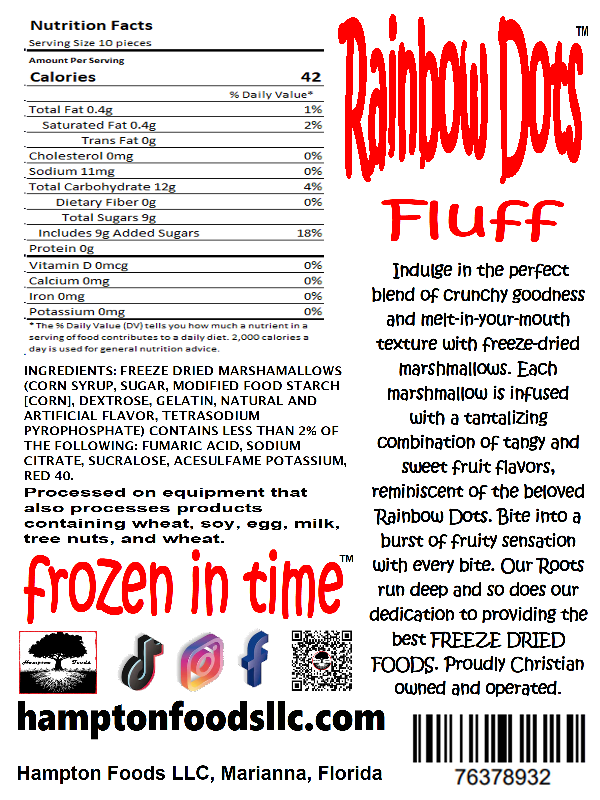 Rainbow Dots Fluff! Indulge in the perfect blend of crunchy goodness and melt-in-your-mouth texture with freeze-dried marshmallows and Rainbow Dots flavor. Crafted with a vanilla base flavor, each marshmallow is infused with a combination of tangy and sweet fruit flavors, reminiscent of the beloved Rainbow Dots.