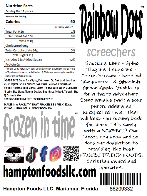 Rainbow Dots Screechers™ - Freeze-Dried Candy Sensation! Unleash the thrill of flavor with Hampton Foods' latest innovation - Rainbow Dots Screechers™! Your favorite candy transformed into crunchy delights, preserving their intense flavors. A Surprise in Every Bite: Buckle up for a taste adventure!