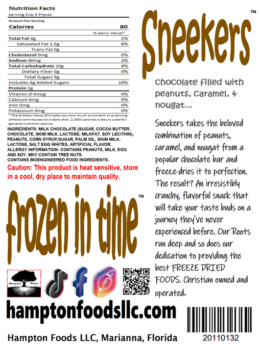 Introducing Hampton Foods' Latest Innovation: Sneekers Freeze-Dried Delight! Are you ready for a taste sensation like no other? Hampton Foods is thrilled to unveil our newest culinary marvel – Sneekers, a freeze-dried twist on a classic chocolate bar! Elevate Your Snacking Experience.