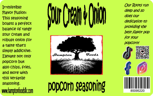 Elevate your popcorn experience with Hampton Foods' NEW Sour Cream & Onion Popcorn Seasoning! Indulge in the perfect blend of tangy sour cream and savory onion flavors. Transform your movie nights and snacks into a gourmet affair. Dive into a world of flavor with Hampton Foods' – Sour Cream & Onion Popcorn Seasoning!