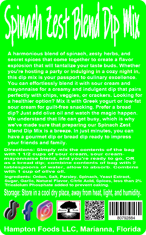 Introducing Hooser Daughters™ Spinach Zest Blend Dip Mix: The Perfect Fusion of Flavor and Convenience! Are you ready to elevate your culinary experience with a burst of vibrant flavors? Look no further than Hooser Daughters™ Spinach Zest Blend Dip Mix, our newest and most exciting product yet! Packed with premium ingredients and designed for effortless preparation, this dip mix is your ticket to a world of gourmet taste sensations.