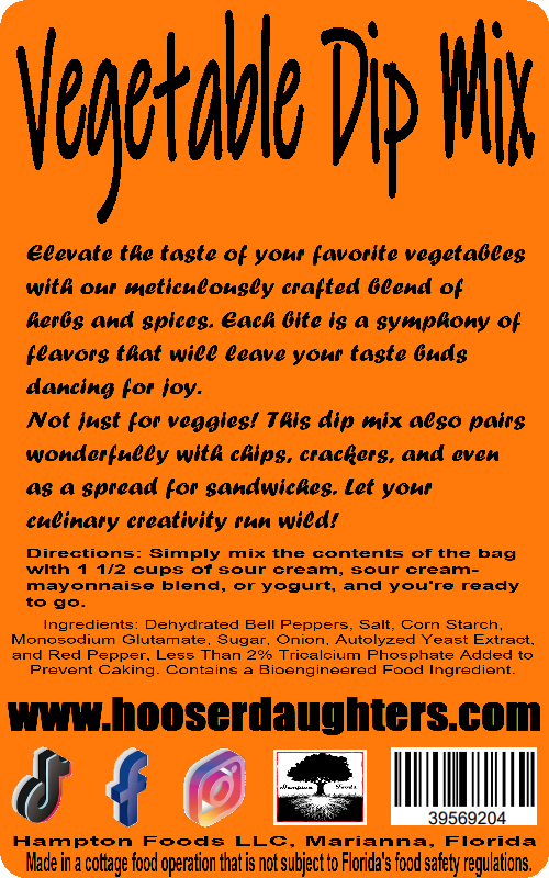 Indulge in the ultimate snacking experience with Hooser Daughters™ Vegetable Dip Mix. Elevate your veggies and more with our gourmet blend of wholesome ingredients. Create flavorful dips for parties or solo delights. Transform snacking today!