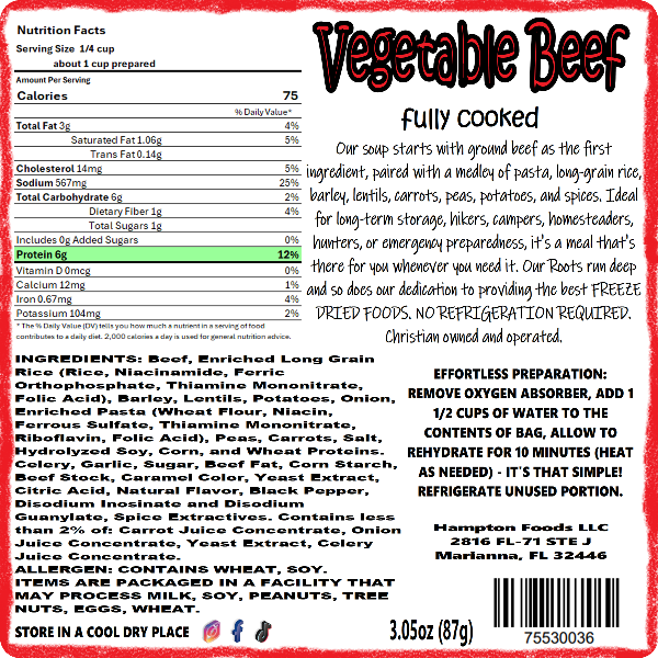 Hampton Foods Freeze Dried Vegetable Beef Soup! Our Vegetable Beef Soup is packed with flavor and nutrients to satisfy your hunger any time, anywhere. Our soup starts with ground beef as the first ingredient, paired with a medley of pasta, long-grain rice, barley, lentils, carrots, peas, potatoes, and spices.