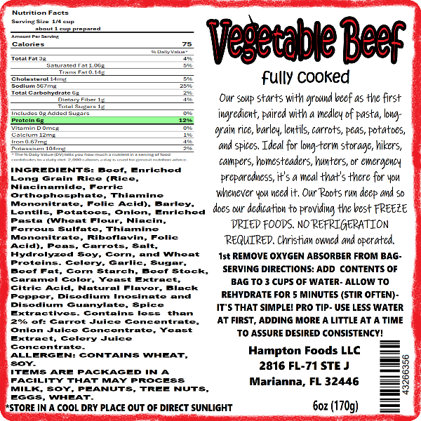 Hampton Foods Freeze Dried Vegetable Beef Soup! Our Vegetable Beef Soup is packed with flavor and nutrients to satisfy your hunger any time, anywhere. Our soup starts with ground beef as the first ingredient, paired with a medley of pasta, long-grain rice, barley, lentils, carrots, peas, potatoes, and spices.