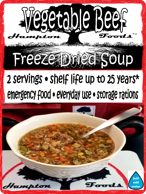 Hampton Foods Freeze Dried Vegetable Beef Soup! Our Vegetable Beef Soup is packed with flavor and nutrients to satisfy your hunger any time, anywhere. Our soup starts with ground beef as the first ingredient, paired with a medley of pasta, long-grain rice, barley, lentils, carrots, peas, potatoes, and spices.