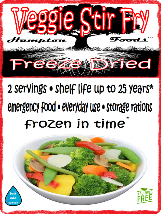 Hampton Foods' Latest Innovation: Veggie Stir Fry! Packed with Flavor, Convenience, and Essential Nutrients. Looking for a delicious and nutritious meal that's easy to prepare anytime, anywhere? Hampton Foods' Veggie Stir Fry is crafted without any preservatives, our newest freeze-dried creation is high in essential vitamins A and C per serving.