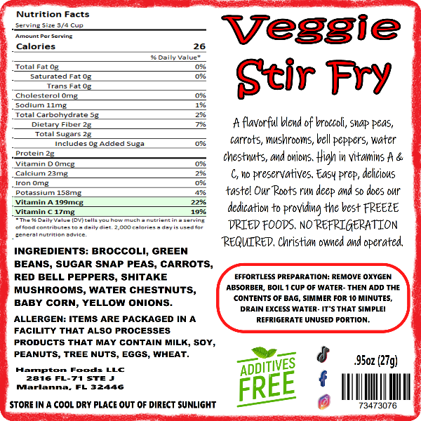 Hampton Foods' Latest Innovation: Veggie Stir Fry! Packed with Flavor, Convenience, and Essential Nutrients. Looking for a delicious and nutritious meal that's easy to prepare anytime, anywhere? Hampton Foods' Veggie Stir Fry is crafted without any preservatives, our newest freeze-dried creation is high in essential vitamins A and C per serving.