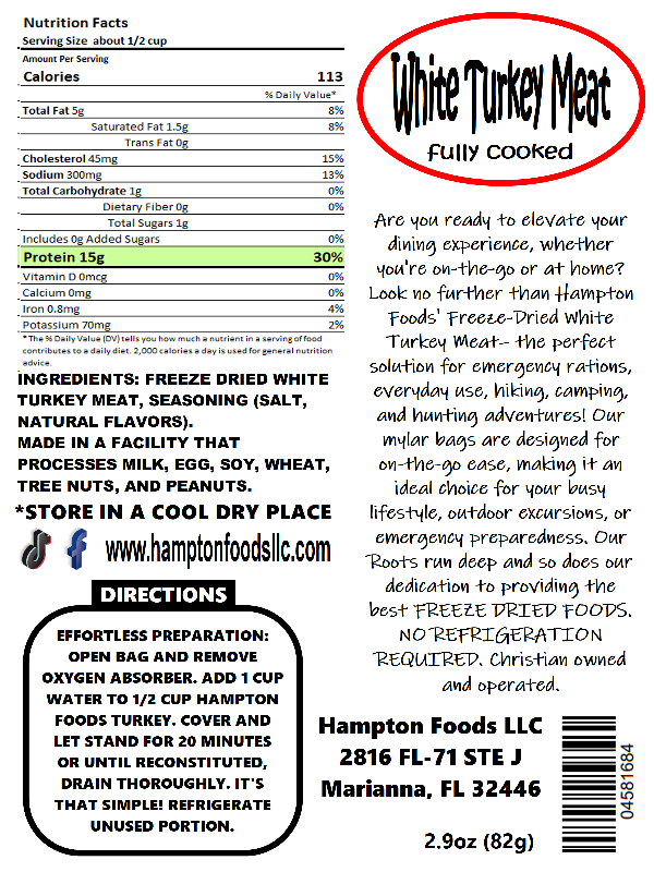 Introducing Hampton Foods' Premium Freeze-Dried White Turkey Meat! Are you ready to elevate your dining experience, whether you're on-the-go or at home? Look no further than Hampton Foods' Freeze-Dried White Turkey Meat – the perfect solution for emergency rations, everyday use, hiking, camping, and hunting adventures!