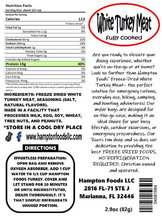 Introducing Hampton Foods' Premium Freeze-Dried White Turkey Meat! Are you ready to elevate your dining experience, whether you're on-the-go or at home? Look no further than Hampton Foods' Freeze-Dried White Turkey Meat – the perfect solution for emergency rations, everyday use, hiking, camping, and hunting adventures!