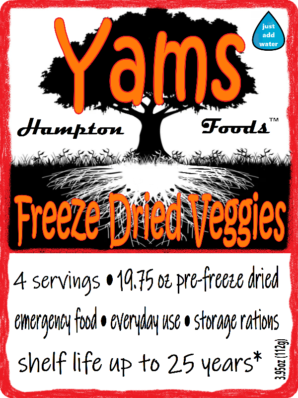 Freeze-Dried Yams: Your Perfect Pantry Staple for Every Occasion! Hampton Foods' Freeze-Dried Yams are packed with flavor and essential nutrients, our yams are carefully freeze-dried and sealed in a resealable mylar bag, ensuring freshness and longevity for all your culinary needs.