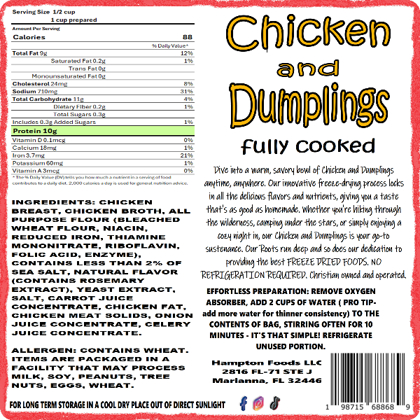Hampton Foods' Freeze-Dried Chicken & Dumplings: Enjoy a warm, savory, home-cooked meal on-the-go or at home. Perfect for flavor and convenience, anytime, anywhere!