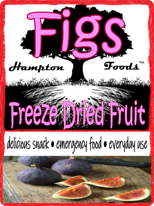 Enjoy the deep, honey-like sweetness of Hampton Foods Freeze-Dried Figs. Packaged in resealable mylar bags, these figs are perfect for long-term storage, emergency essentials, or a convenient snack. Retaining their natural flavor and nutrients, they offer a satisfying crunch with every bite.