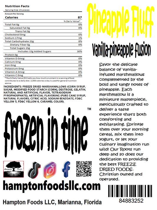 Indulge in a Symphony of Flavor with Hampton Foods' Pineapple Fluff! Freeze Dried Magic! Introducing the perfect marriage of vanilla marshmallows with a burst of pineapple goodness! We've taken the classic allure of vanilla marshmallows and infused them with the tropical essence of pineapple.